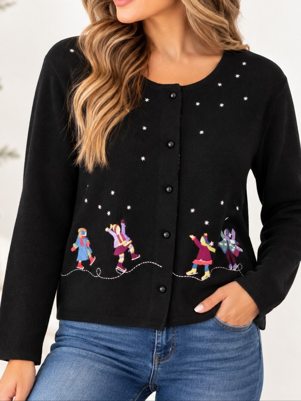 Christopher & Banks M Black Ice Skating Embroidered Cardigan Sweater Winter